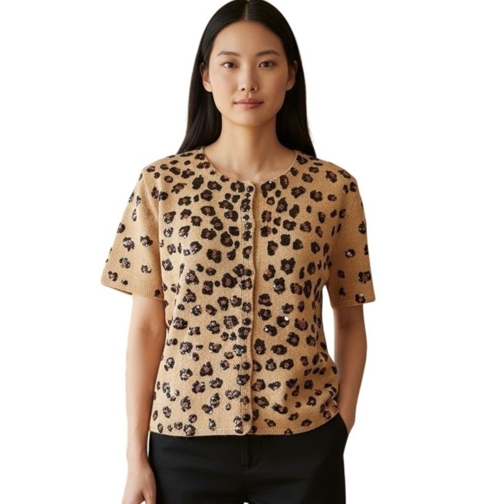 Y2K‎ Michael Simon Women's Sweater Leopard Sequin Button Up Cardigan Medium